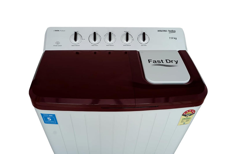 Voltas Beko by A Tata Product 7 kg 5 Star Semi Automatic Top Load Washing Machine Burgundy 2024 (WM- WTT70UHA/BRSSWH)