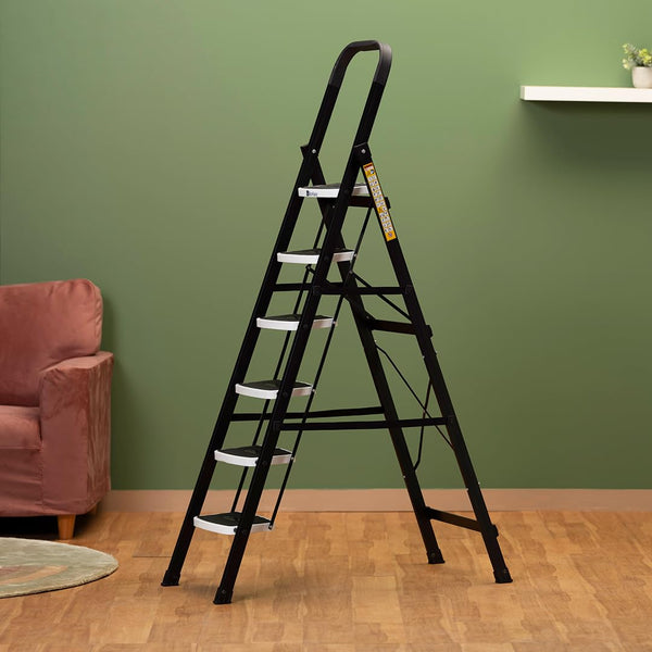 BonKaso Premium Alloy Steel Heavy Duty Multipurpose Foldable 6 Step Ladder with Connecting Frame & Belt Support for Home and Outdoor - (Black)