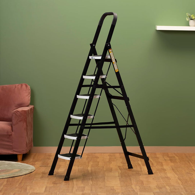 BonKaso Premium Alloy Steel Heavy Duty Multipurpose Foldable 6 Step Ladder with Connecting Frame & Belt Support for Home and Outdoor - (Black)