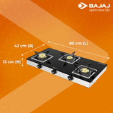 Bajaj 3BJGS7 Stainless Steel Glass Top Gas Stove with 3 Brass Burners, ISI Certified, Black, Regular