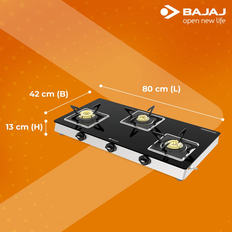 Bajaj 3BJGS7 Stainless Steel Glass Top Gas Stove with 3 Brass Burners, ISI Certified, Black, Regular