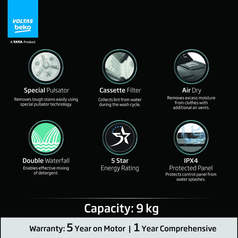 Voltas Beko, A Tata Product 9 Kg 5 Star Semi-Automatic Top Loading Washing Machine (2024 Model, WTT90UHA/OK5B1B1S23, Black, Pulsator Wash Method and Double waterfall technology)