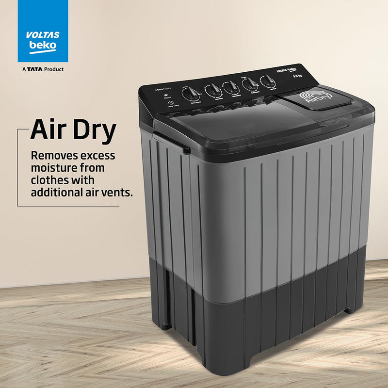 Voltas Beko, A Tata Product 9 Kg 5 Star Semi-Automatic Top Loading Washing Machine (2024 Model, WTT90UHA/OK5B1B1S23, Black, Pulsator Wash Method and Double waterfall technology)