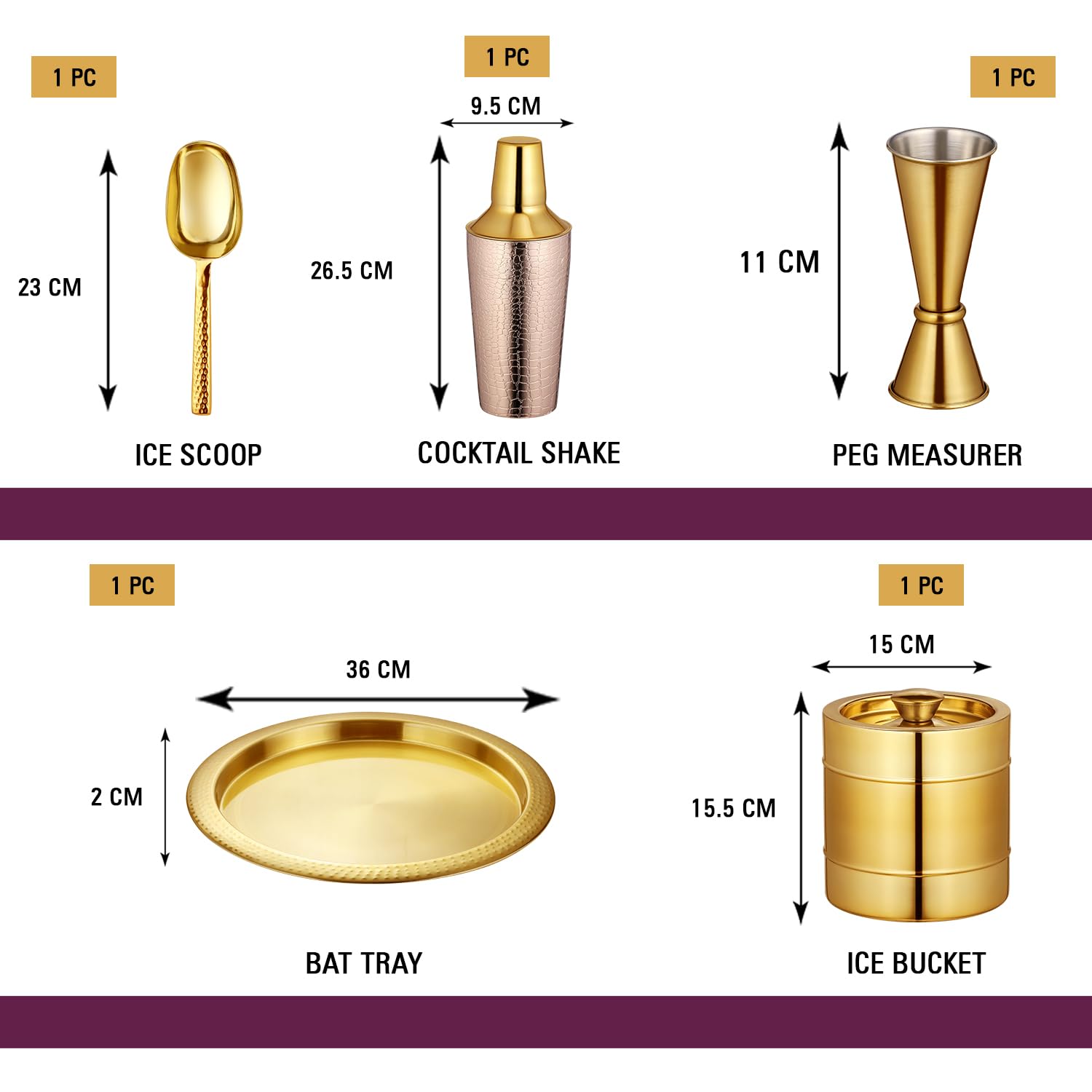 Sanjeev Kapoor Stainless Steel 5pcs Bar Tool Set-1 Bar Tray – 16 inch,1 Cocktail Shaker – 33oz/1000 ml,1 Ice Bucket – 1.5 L Double Wall,1 Ice Scoop – Hollow Handle &1 Peg Measure – 30/60 ml(Gold)