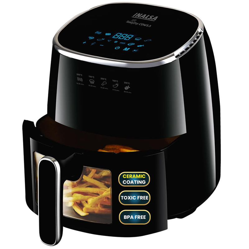 INALSA Non-Toxic Ceramic Coated Air fryer 5.5 L&1600 W Power|No PTFE,PFAS,PFOA &Microplastics|Visible Window|Digital Touch Panel,8 Presets|Low Oil Healthy Cooking, Tasty Fry CDW 5.