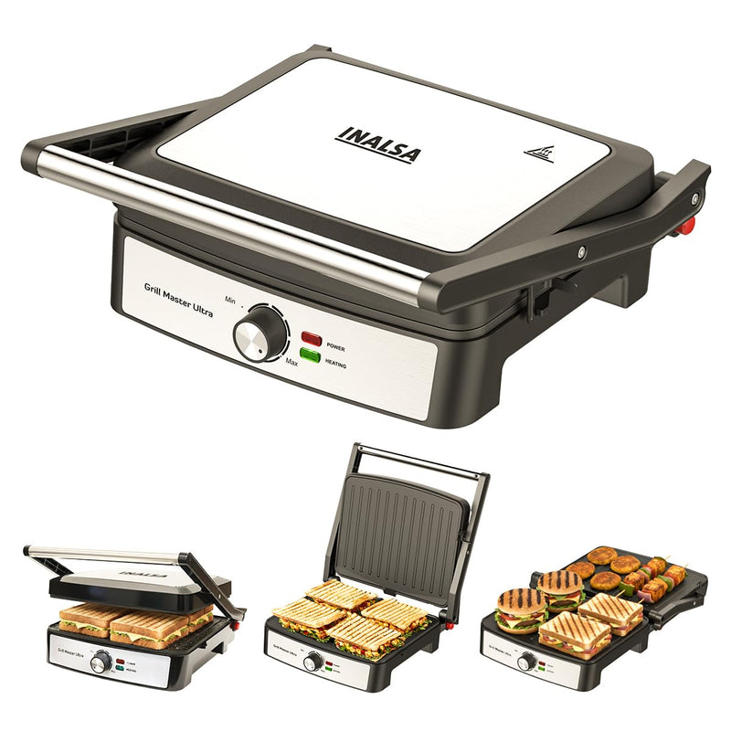 INALSA Sandwich Maker 2200W|Large Non-Stick Coated Cooking Plates|Adjustable Temperature Control|Dual Safety Thermostat|Cool Touch Handle|Removable Oil Collector Tray|2 Yr Warranty