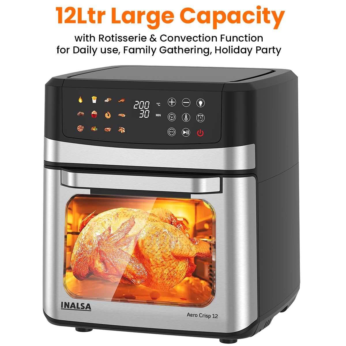 INALSA Air Fryer Oven|12L,1700W|Stainless Steel Body|12-in-1 Functions,Fry,Bake,Grill,Dehydrate&Reheat|12 Preset|Rotisserie&Convection|Dishwasher Safe Accessories|Aero Crisp