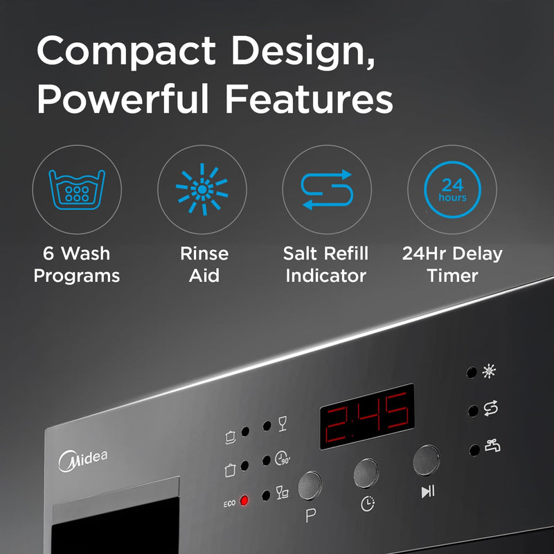 MIDEA 8 Place Setting Countertop Dishwasher (MDWTT0802D(B) IN, Black, 6 wash programs, Portable, anti-bacterial filter & Intensive 70 degree wash for Ultra Hygiene, 24 Hour Delay Timer)