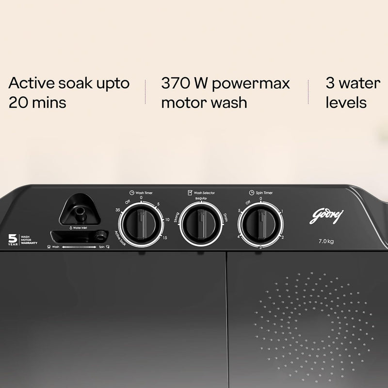 Godrej 7 Kg 5 Star, Active Soak Technology, 370 W PowerMax Wash For Heavy Laundry Wash, Toughened Glass Lid, Semi Automatic Top Load Washing Machine (WS EDGE CLS 70 5.0 PN2 GPGR, Graphite Grey)