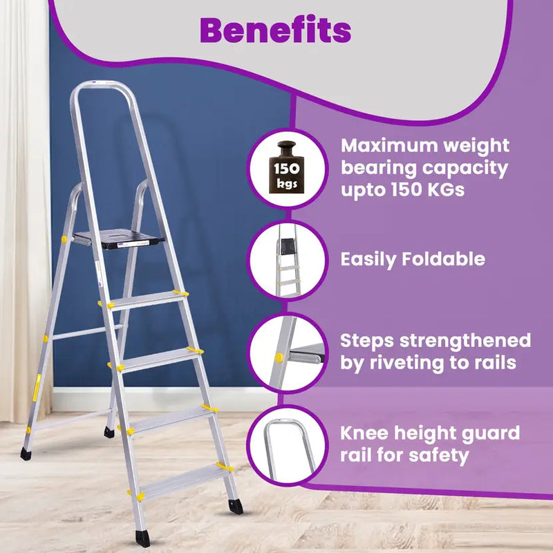 Asian Paints TruCare Home Ladder, Foldable with 5 Steps, Durable, Heavy Duty, Anti-Skid Aluminum Ladder | Guard Rail for Safety (5 Steps, Silver)