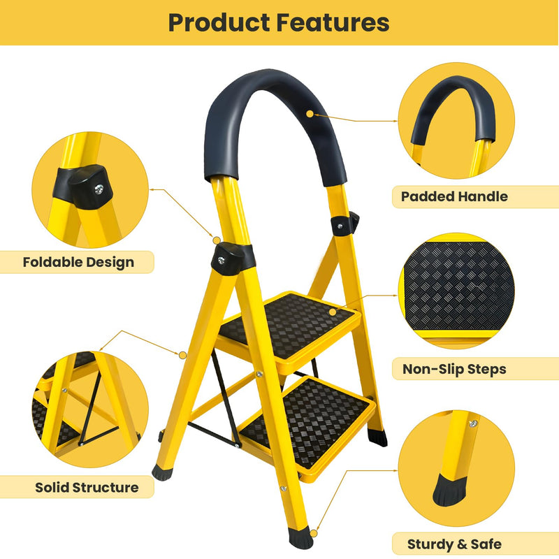 Asian Paints TruCare 2-Steps Trendy Steel Ladder, Foldable Ladder for Home & Office use, Durable, Wide, Anti-Skid, Lightweight & Easy to Carry, with 5