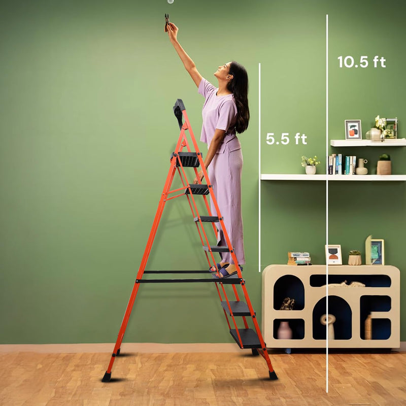 BonKaso Premium Steel Multipurpose Climb Easy Anti-Slip 7-Step Foldable Ladder with Safety Clutch Lock, Support Handle and Tool Tray for Home - (Orang