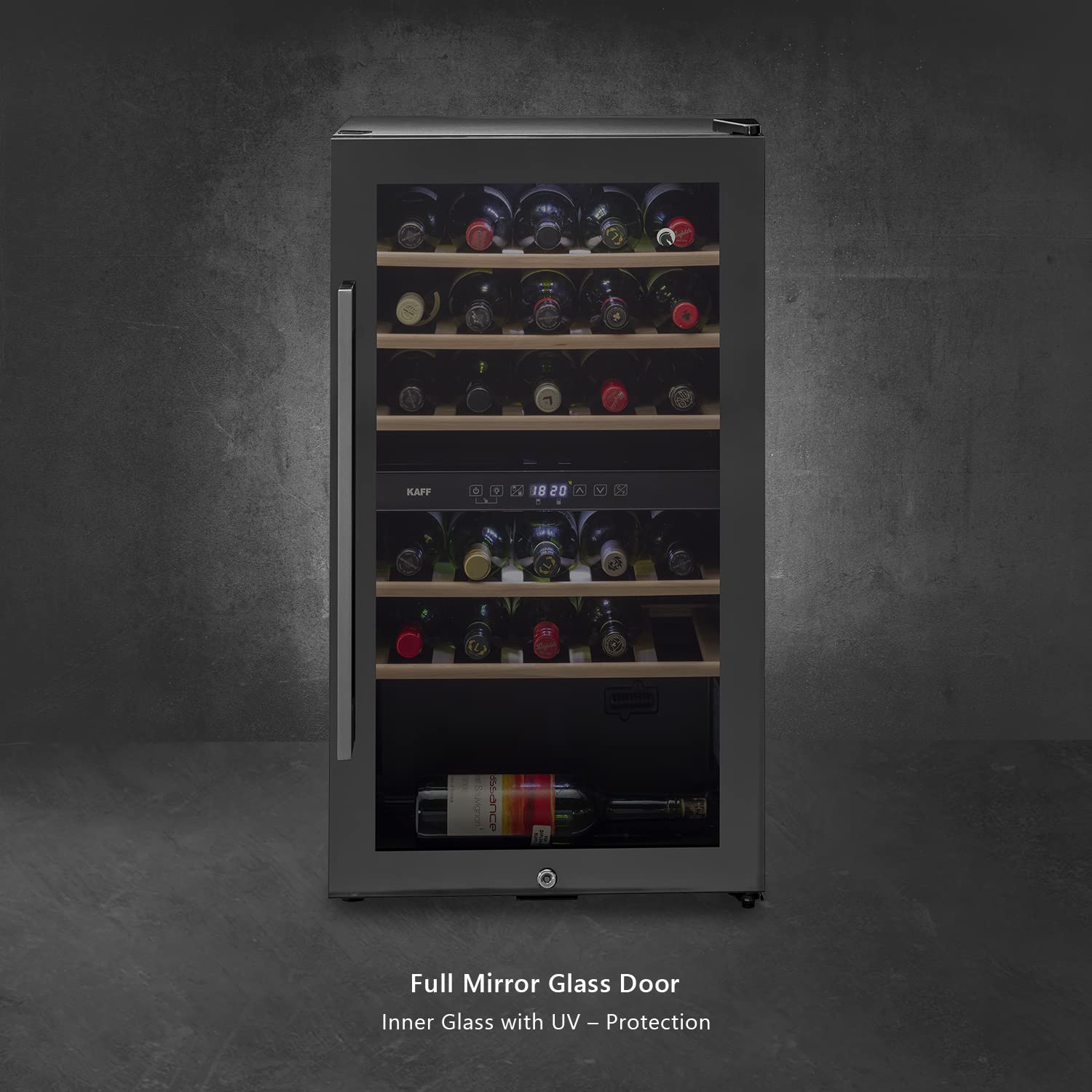 Kaff WC 76 DZ FreeStanding Wine Cooler Refrigerator Dual Zone 76 Litre 29 Bottles Approx. with UVProtection Inner Glass Child Lock  Wooden Shelves Wine Fridge for Red White Champagne Black