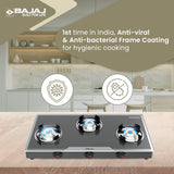 Bajaj 3Bjgp7 Stainless Steel Glass Top Gas Stove with 3 Brass Burners, Isi Certified, Anti-Viral & Anti-Bacterial Coating, Black, Regular, Open