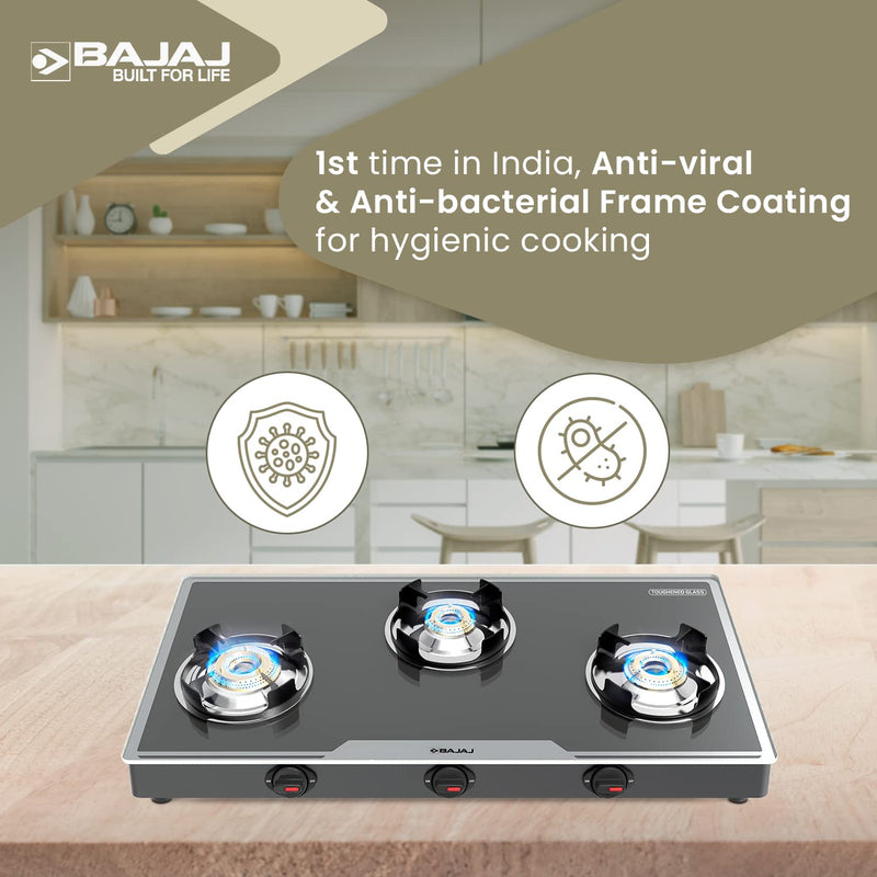 Bajaj 3Bjgp7 Stainless Steel Glass Top Gas Stove with 3 Brass Burners, Isi Certified, Anti-Viral & Anti-Bacterial Coating, Black, Regular, Open
