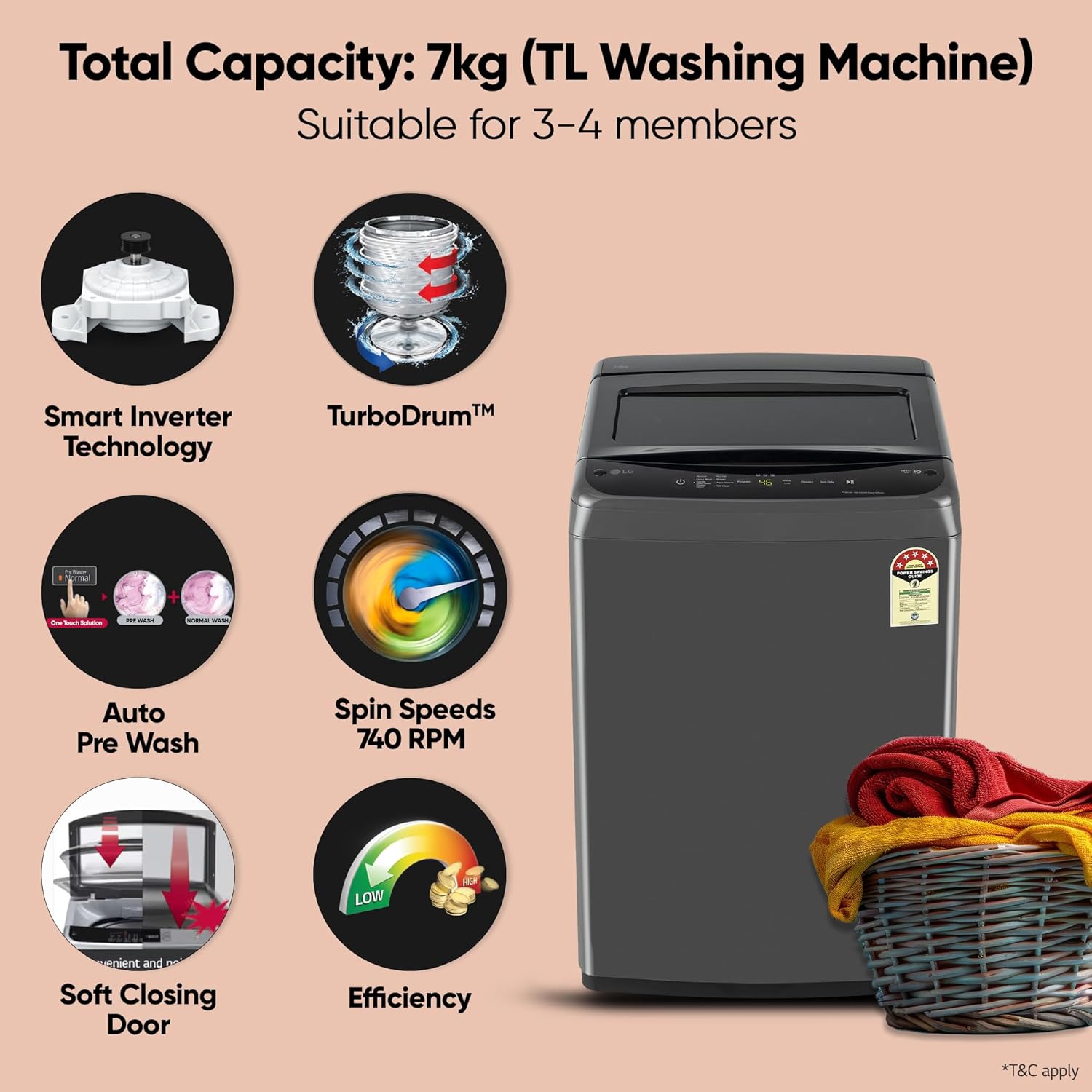 LG 7 Kg 5 Star Smart Inverter Technology Fully Automatic Top Load Washing Machine (T70VBMB1Z, Auto Prewash, Turbodrum, Stainless Steel drum, LED Display, Smart Diagnosis Middle Black)