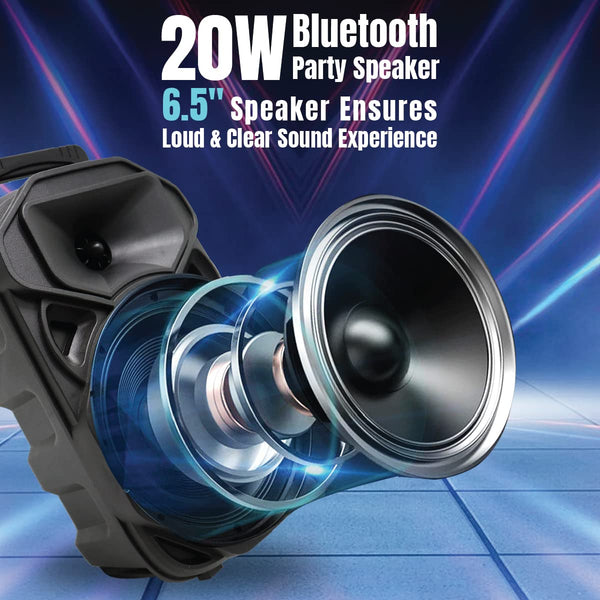 pTron Newly Launched Fusion Maxx 20W Bluetooth Wireless Party Speaker with Wired Karaoke Mic, 20Hrs Playtime, Immersive Sound, BT V5.2, 3.5mm AUX, USB, Micro SD Card Slot & Integrated Controls (Black)