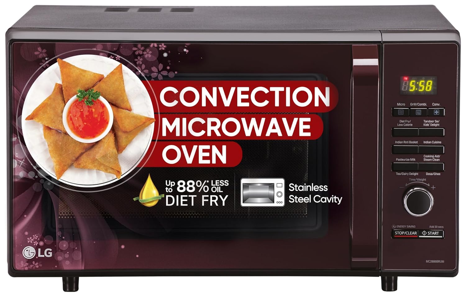 LG 28 L Convection Microwave Oven (MC2886BRUM, Black, Auto Cook Menu, Stainless steel cavity, Pasteurized Milk, 360° Motorised Rotisserie for Bar-be-queing, Indian Cuisine, Tandoor Se & Diet Fry)