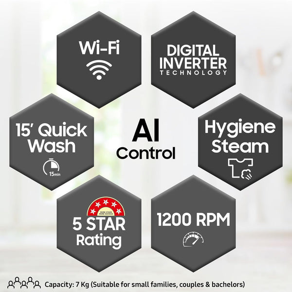 Samsung 7 kg, 5 Star, AI Control, Wi-Fi, Digital Inverter, Motor, Fully-Automatic Front Load Washing Machine (WW70T502NAN1TL, Hygiene Steam, Inox)