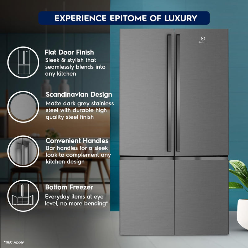 Electrolux 600L Frost Free Inverter French Door Refrigerator, TasteLockPlus Technology, FlexStor, Matte Dark Grey Stainless Steel, UltimateTaste 700, EQE6000A-B | Open Box like New |