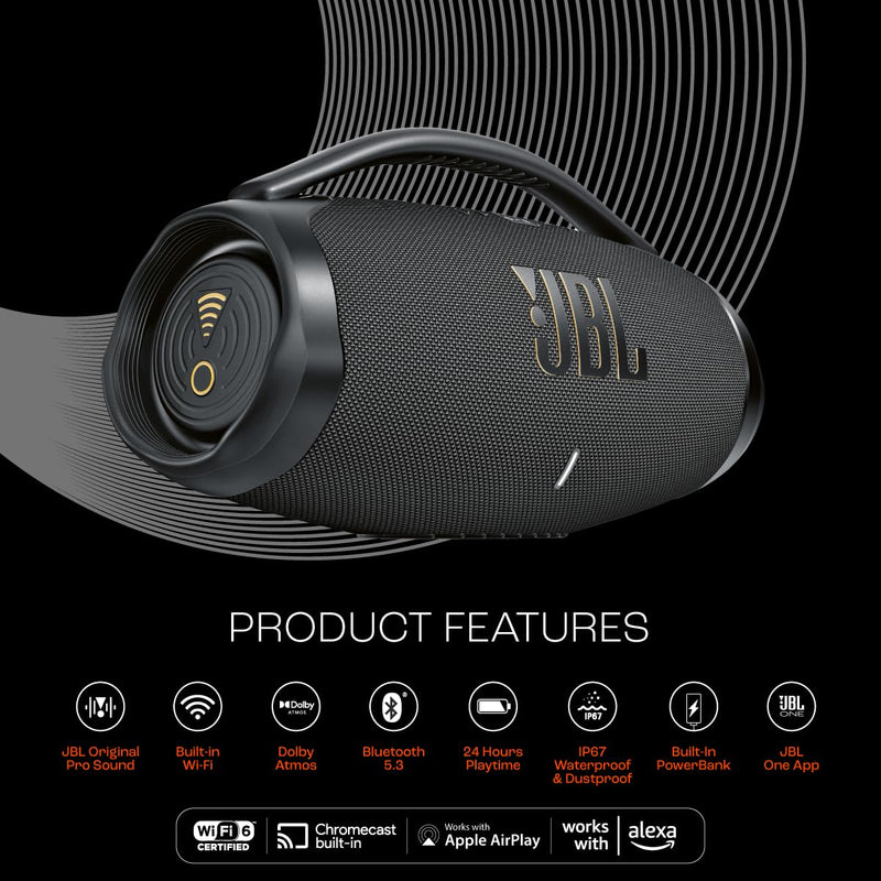 JBL Boombox 3 Wi-Fi, Wireless Portable Bluetooth Speaker, 24H Playtime, Deepest Bass, Built-in Powerbank, Wi-Fi with AirPlay, Alexa Multi-Room, Chromecast Built-in