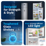 Bosch 368L, 1 Star, Frost Free Double Door Refrigerator with 2.5 L Water Dispenser | 6-in-1 Convertible Storage Modes | Fresh up to 10 Days | Touch Panel | 2 Cooling System (CTC39S21AI, Steel, 2026)
