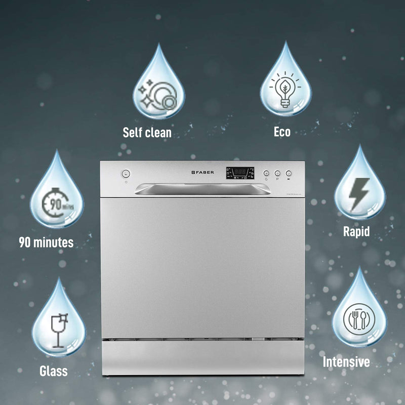 Faber 8 Place Dishwasher | 6 Wash Programs |Adjustable Upper Rack & Cutlery Tray | 8L Water/Cycle| FFSD 6PR 8S Ace Inox