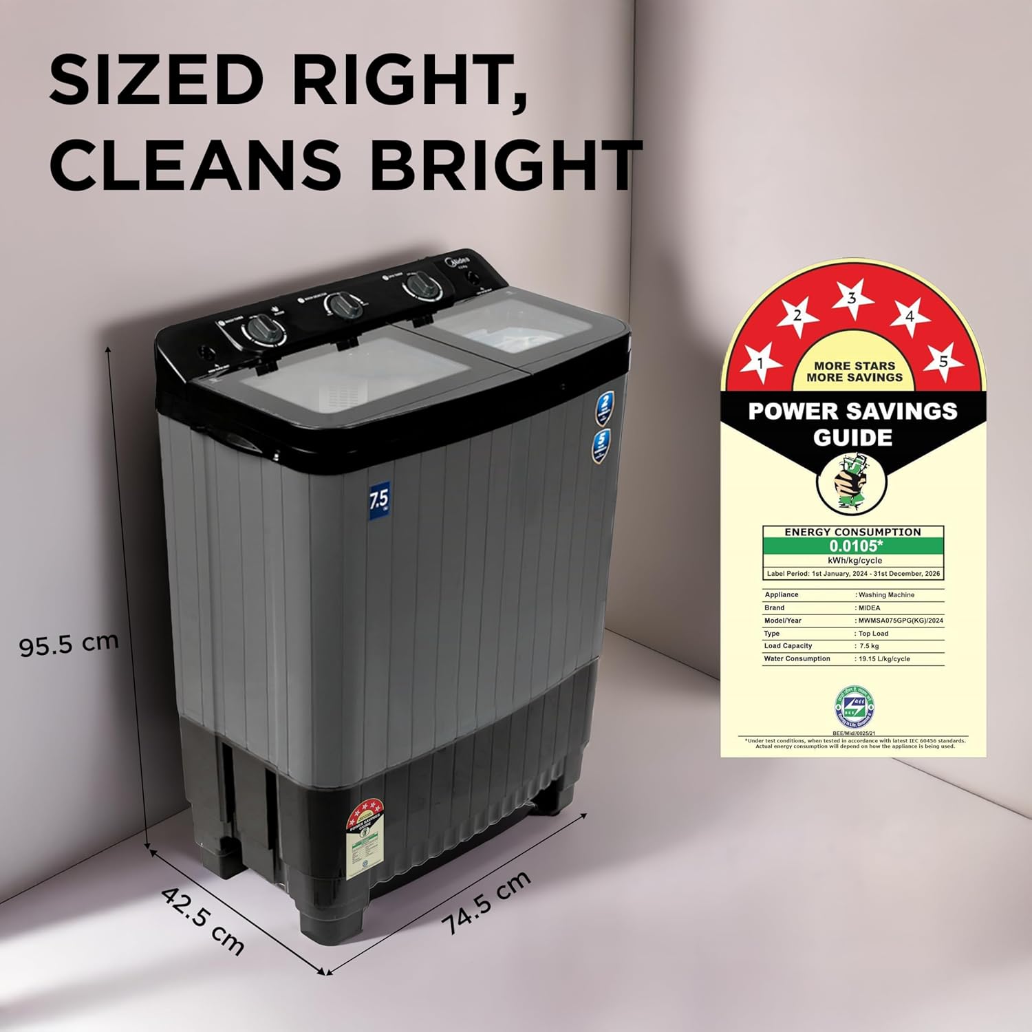 Midea 7.5 KG Semi Automatic Top Loading Washing Machine, Rust proof Body with 1300 RPM (MWMSA075GPG, Black Grey)