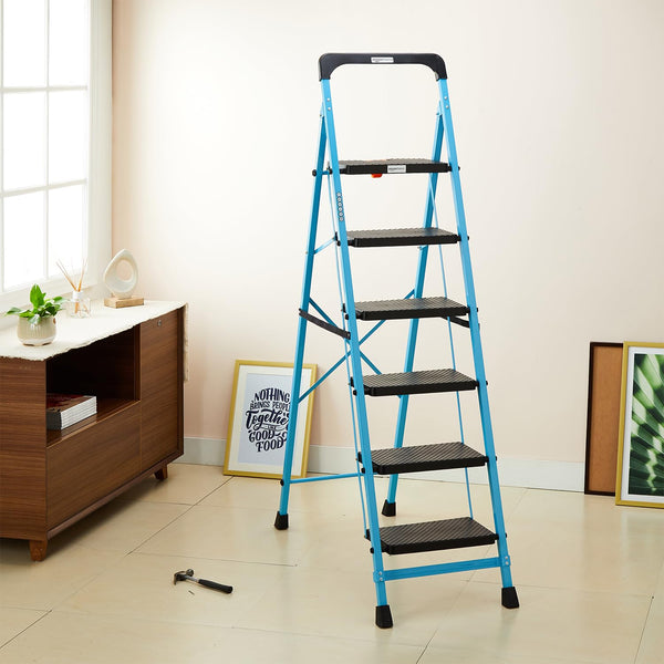 amazon basics - Foldable Step Ladder with Tool Tray, Safety-Clutch Lock, Ribbed Steps, Anti-Skid Rubber Shoes, 6 Steps (Iron Ladder, Black & Blue)
