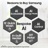 Samsung Smart Choice 9 kg, 5 Star, AI Control, AI Ecobubble, Super Speed, Wi-Fi, Hygiene Steam with Inbuilt Heater, Digital Inverter, Fully-Automatic Front Load Washing Machine (WW90DG6U24ASTL, NAVY)