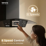 Beyond Appliances Asteria 90cm BLDC Auto Clean Kitchen Chimney | 1800 CMH Suction | Filterless | Curved Glass | Smart Screen & Speakers | Touch Control | Black(ASTERIA BLDC 90/BA-CR-AS-AD-BL-90-CH)