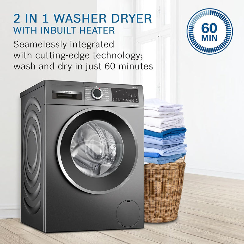 Bosch 10.5/6 KG Inverter Fully Automatic Front Load Washer Dryer (2025 Model, WNA2E4UCIN, 1400 RPM, 14 Wash Programs, LED touch display, Wash & Dry in 60 Mins, Cast Iron Grey)