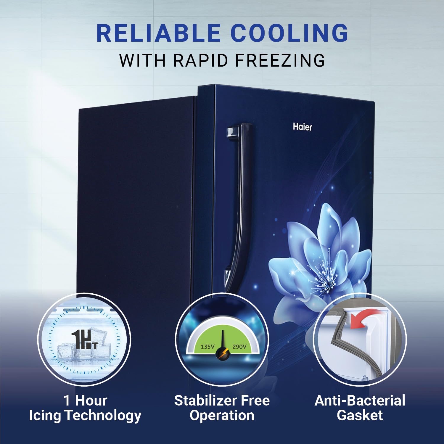 Haier 190L 5 Star Direct Cool Single Door Refrigerator | 3 Toughened Glass Shelves | Fast Ice Making in Just 60 minutes | Large Veg Box| Easy Clean Back (HED-205MFB-P, Marine Peony, Base Stand)