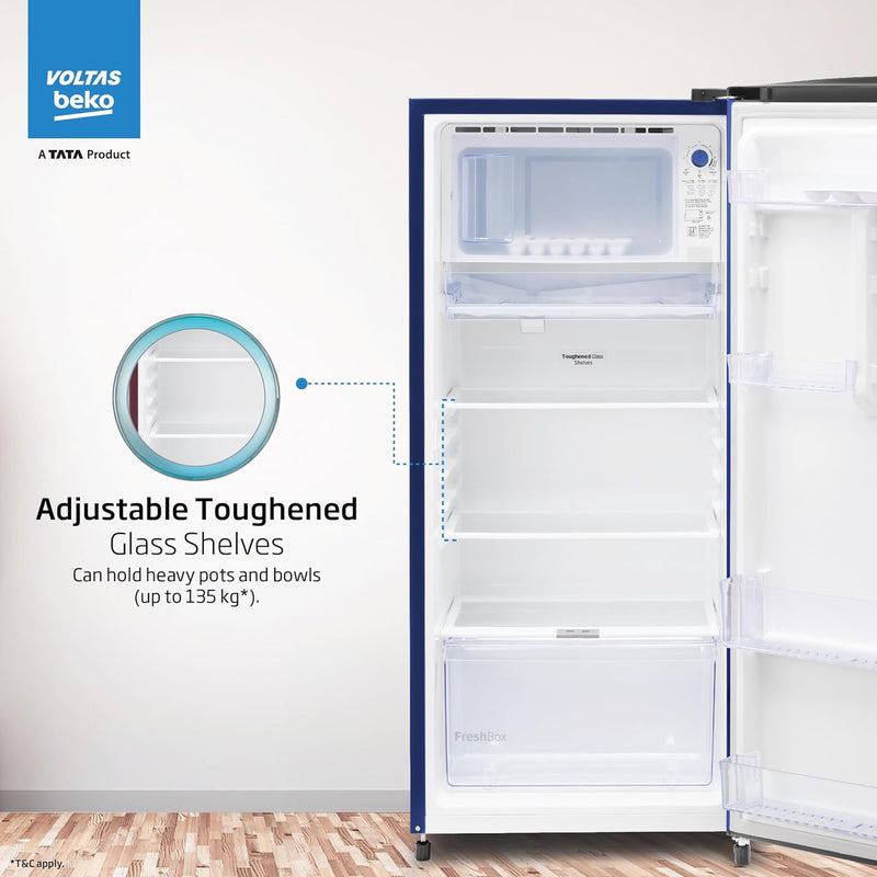 Voltas Beko, A Tata Product 183 L 2 Star Direct Cool Single Door Refrigerator (RDC215D/S0WBR0M0000GO, Hairline Blue, With Fresh Box Technology