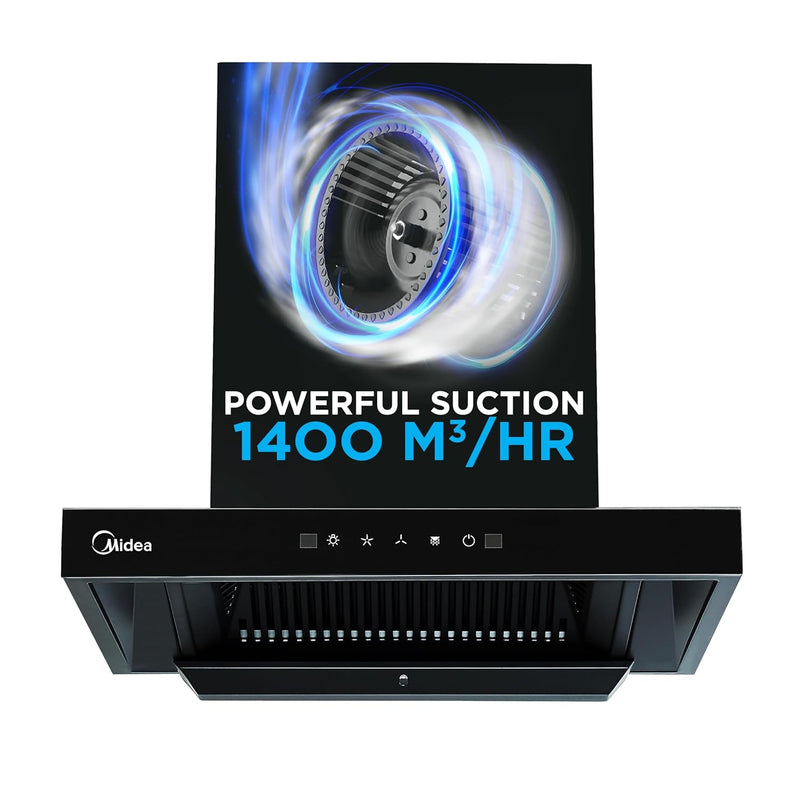 Midea Falcon 60Cm Chimney, Powerful suction 1400CMH, Filterless, Auto cleaning, 3 Speed control, Swift touch control panel, Hand gesture control, Low operational noise, Aluminium d