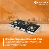 Bajaj 3BJGS7 Stainless Steel Glass Top Gas Stove with 3 Brass Burners, ISI Certified, Black, Regular