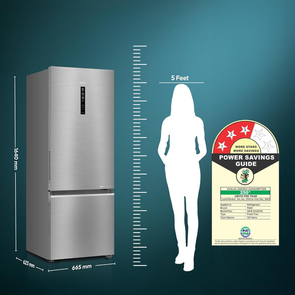 Haier 325 L, 3 Star, Convertible 14-in-1 Triple Inverter & Fan Motor Technology, with Display Frost Free Double Door Bottom Mount Refrigerator (HEB-333DS-P, Dazzle Steel)-(Dents and Scratches and Touched up)