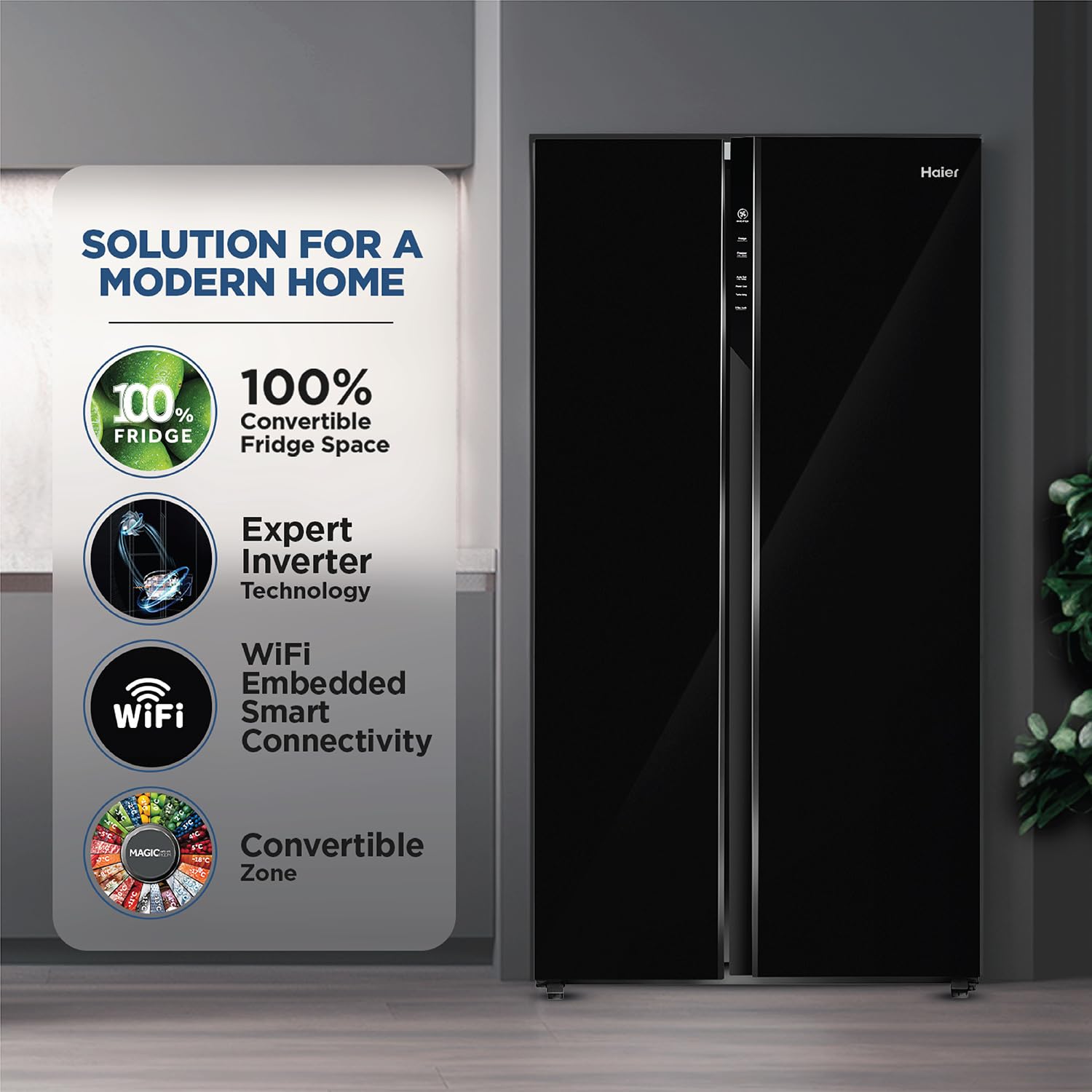 Haier 602L 3Star 2 Door Premium Glass Side by Side Frost Free Refrigerator|100% Convertible|Wi-Fi|Expert Inverter Technology|Digital Display Panel|Triple Twist Ice Maker (HRS-682KGU1, Black Glass)