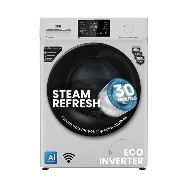 IFB 8 kg 5 Star with Steam Refresh program, 9 Swirl Wash, Eco Inverter, Touch Panel with AI Fully Automatic Front Load Washing Machine with In-built Heater White SENATOR GXN 8012
