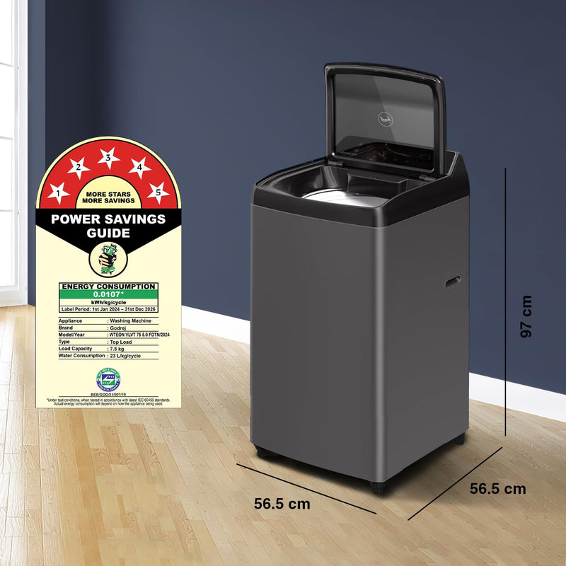 Godrej 7.5 Kg 5 Star Zero Pressure Technology Fully-Automatic Top Load Washing Machine Appliance (WTEON VLVT 75 5.0 FDTN MTBK) (Touched Up)