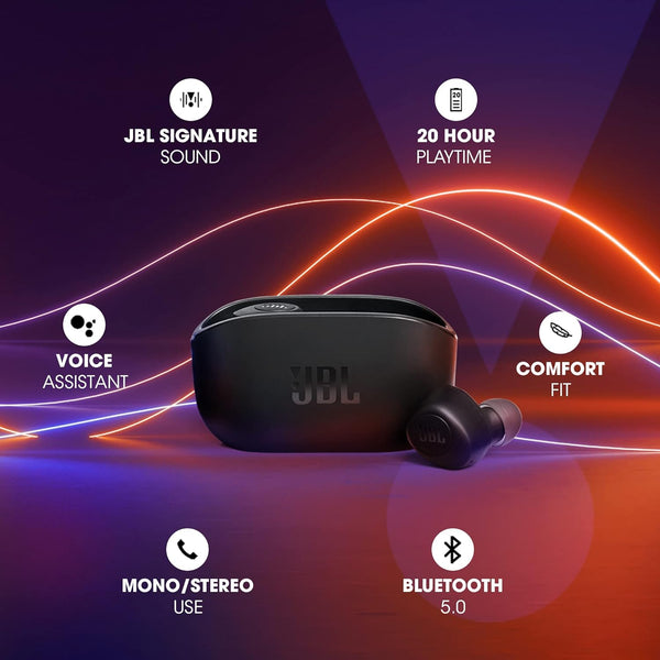 JBL Wave 100 Bluetooth Truly Wireless in Ear Earbuds with Mic, 20 Hours Playtime, Deep Bass Sound, Use Single Earbud Or Both, Bluetooth 5.0, Voice Assistant Support for Mobile Phones (Black)