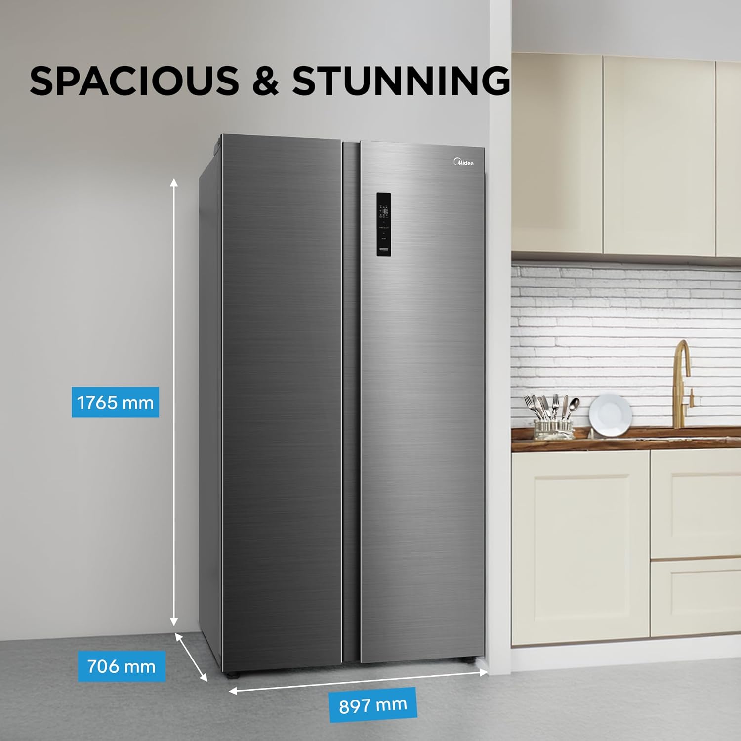 Midea 563 L Side By Side, frost free,Digital Display,Stabilizer Free Operation, Inverter compressor Refrigerator (MDRS710FGF46 Bru Steel)