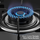 KAFF Built-in Hob/Hobtop 3 Burners, Auto Electric Ignition Glass Top, 60 CM, Black Coated Tornado Style Burners, SS Drip Tray, 8 MM Thick Toughened Glass (Black) | CRISTA CRH 603