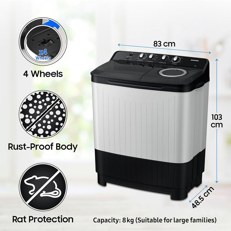 Samsung 8 kg, 5 star, Semi-Automatic Top Load Washing Machine (WT80C4200GG/TL, Air Turbo Drying, Light Gray)