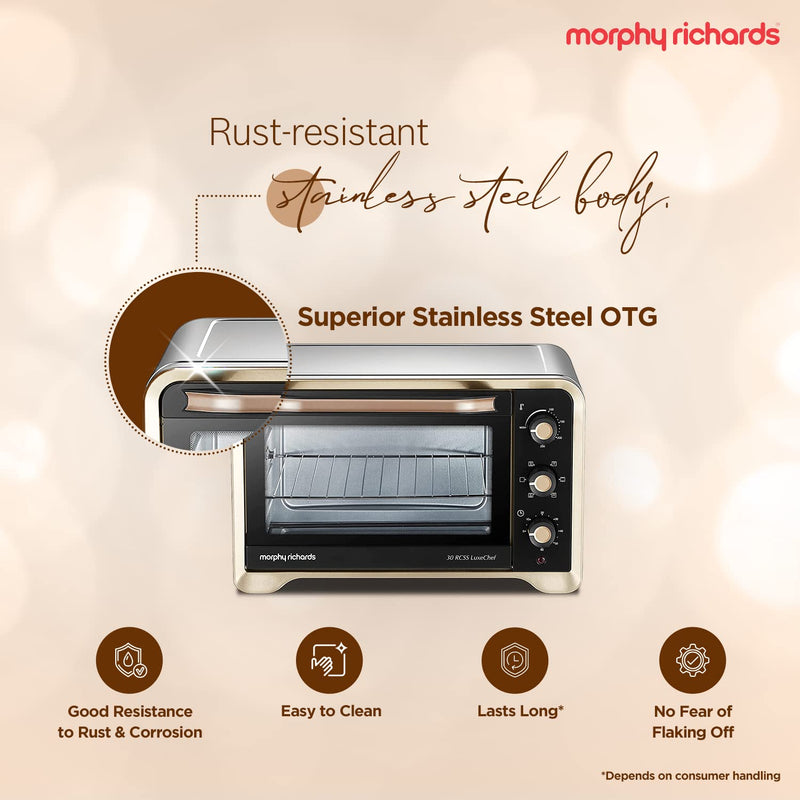 Morphy Richards 30Rcss Otg Oven For Kitchen 30 Litre Oven Toaster Griller Convection Fan&Rotisserie Function Stainless Steel Oven Temperature Control,Gold&Black,1600 Watts