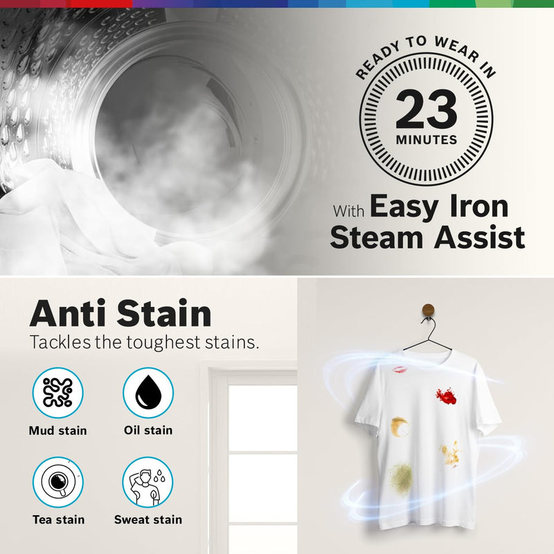 Bosch 9Kg, 5 Star, AI Acitve Water+, Anti Stain, Iron Steam Assist, Anti Tangle Fully-Automatic Front Loading Washing Machine (WGA2420SIN, In-Built Heater, Allergy Plus, Anti Wrinkle, Dark Silver)