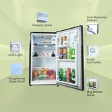 Haier 100 L 2 Star Direct Cool Single Door Mini Bar Refrigerator with Chiller Freezer Box, LED Light for Clear View, Lock & Key and Easy Clean Back (HRD-1252KSA, Black Steel, )