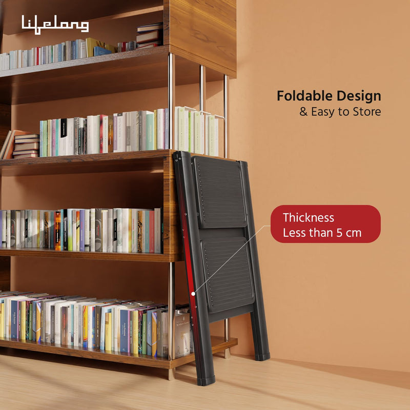 Lifelong 2 Steps Steel Ladder for Home, Foldable & Portable Stairs, Versatile Use for Kitchen, Bathroom & Office Foot Stool - Multipurpose Two Step St