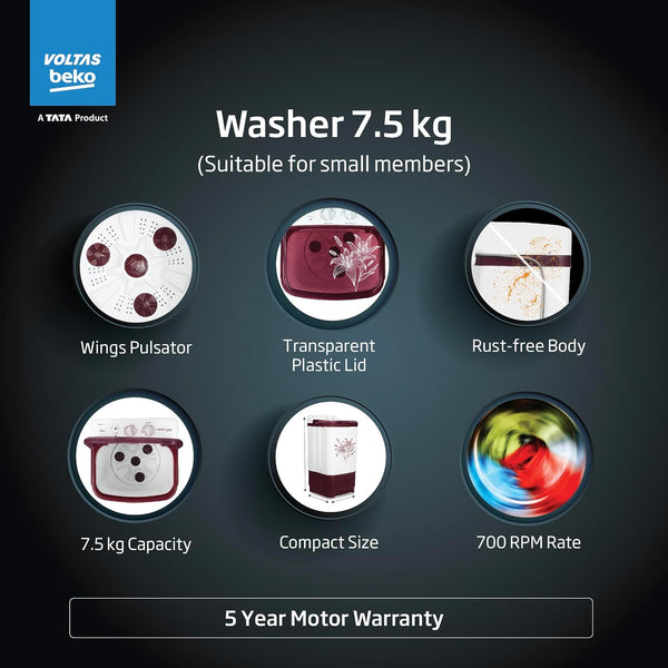 Voltas beko, A TATA Product 7.5 kg Semi - Automatic Top Load Washer (2023 Model, WST75BBRT, Burgundy, Wings Pulsator wash method)