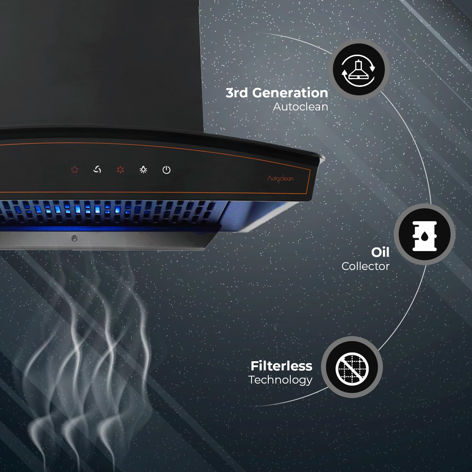 Kutchina Virgose dlx 90 Filterless Auto-clean kitchen Chimney, Suction capacity of 1350 m3/hr with multi speed wave sensor & Touch Control (Black)
